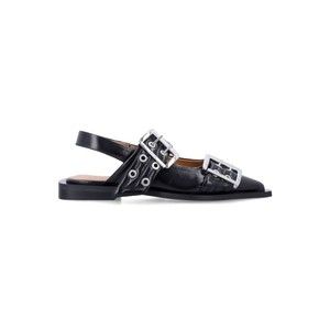 Ganni Pointed Toe Black Ballerinas With Eyelet-Accented Buckle Detail - NWT